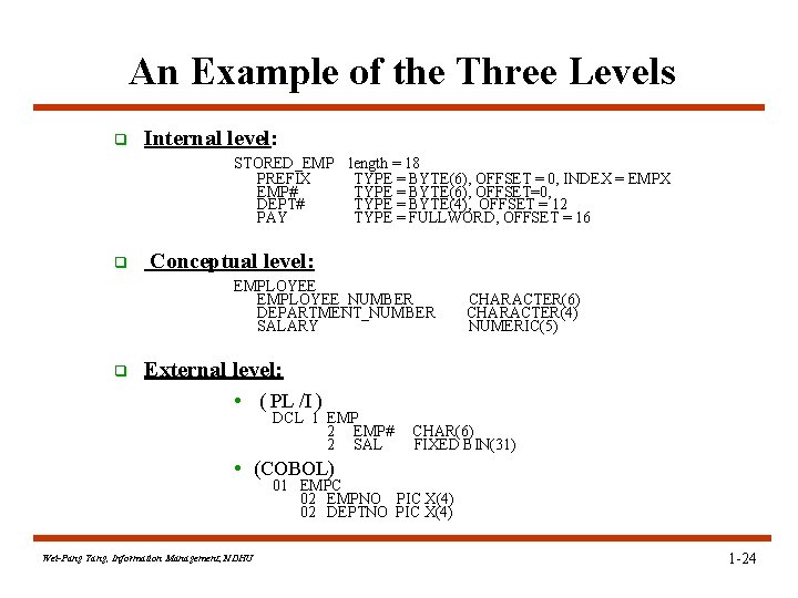 An Example of the Three Levels q Internal level: STORED_EMP PREFIX EMP# DEPT# PAY An Example of the Three Levels q Internal level: STORED_EMP PREFIX EMP# DEPT# PAY