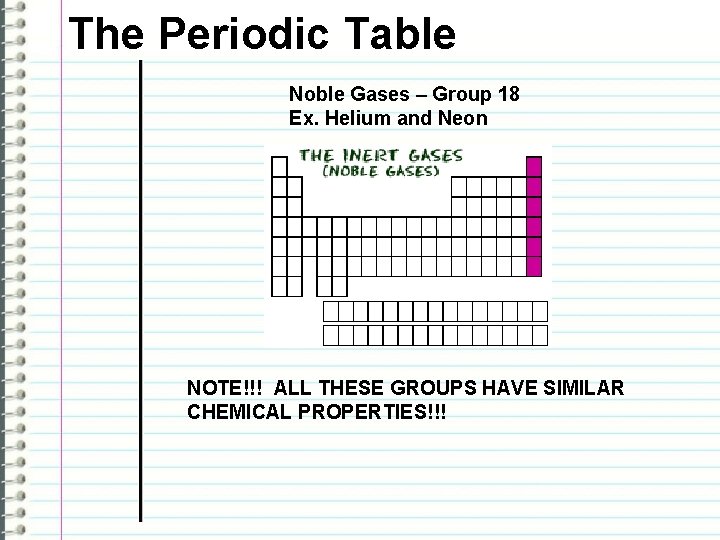 The Periodic Table Noble Gases – Group 18 Ex. Helium and Neon NOTE!!! ALL