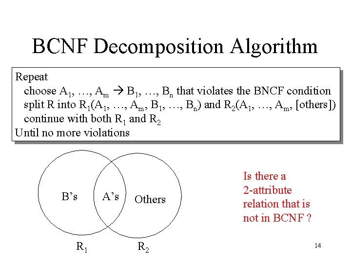 BCNF Decomposition Algorithm Repeat choose A 1, …, Am B 1, …, Bn that