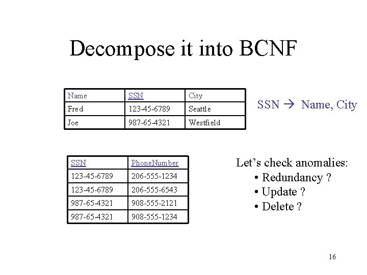 Decompose it into BCNF Name SSN City Fred 123 -45 -6789 Seattle Joe 987