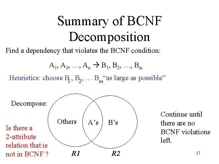 Summary of BCNF Decomposition Find a dependency that violates the BCNF condition: A 1,