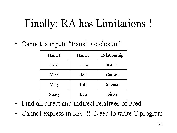 Finally: RA has Limitations ! • Cannot compute “transitive closure” Name 1 Name 2