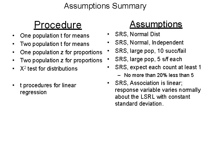Assumptions Summary Assumptions Procedure • • • One population t for means Two population