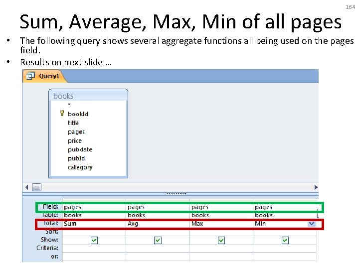 Sum, Average, Max, Min of all pages 164 • The following query shows several