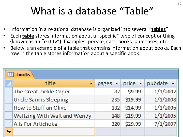 What is a database “Table” 60 • Information in a relational database is organized