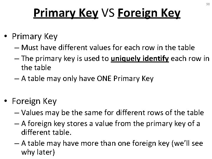 Primary Key VS Foreign Key 98 • Primary Key – Must have different values