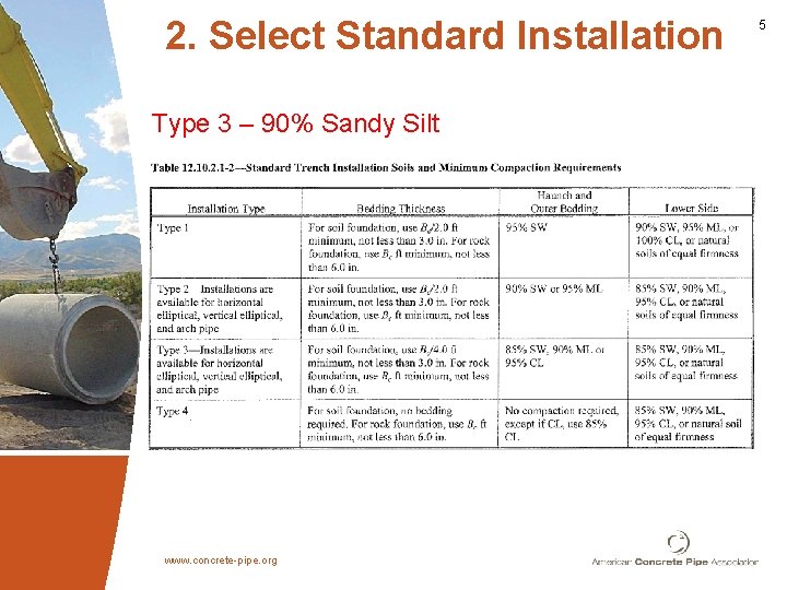 2. Select Standard Installation Type 3 – 90% Sandy Silt www. concrete-pipe. org 5