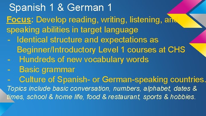 Spanish 1 & German 1 Focus: Develop reading, writing, listening, and speaking abilities in