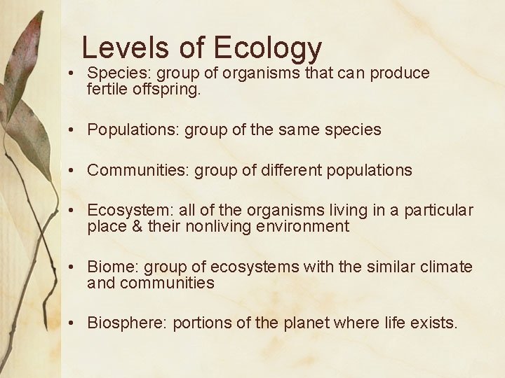 Levels of Ecology • Species: group of organisms that can produce fertile offspring. •