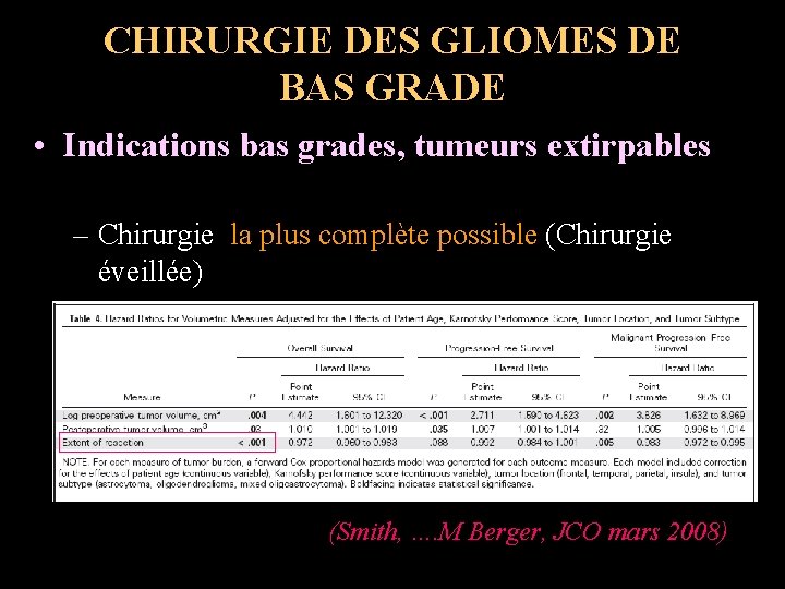 CHIRURGIE DES GLIOMES DE BAS GRADE • Indications bas grades, tumeurs extirpables – Chirurgie