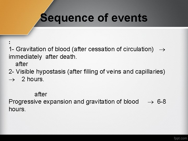 Sequence of events : 1 - Gravitation of blood (after cessation of circulation) immediately