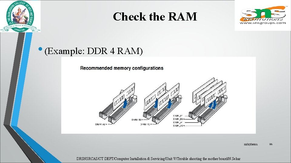 Check the RAM • (Example: DDR 4 RAM) 12/27/2021 DRSNSRCAS/CT DEPT/Computer Installation & Servicing/Unit