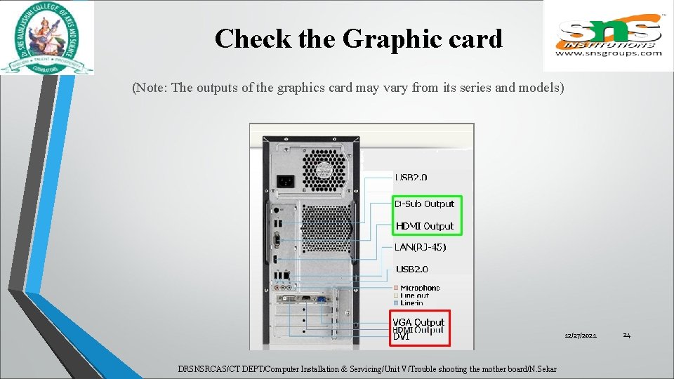 Check the Graphic card (Note: The outputs of the graphics card may vary from