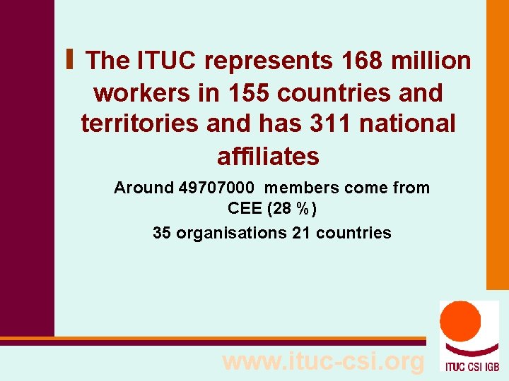 I The ITUC represents 168 million workers in 155 countries and territories and has