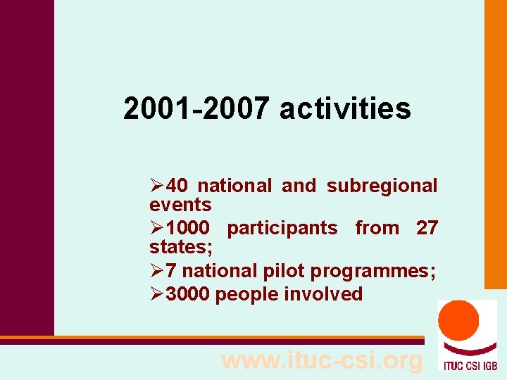 2001 -2007 activities Ø 40 national and subregional events Ø 1000 participants from 27