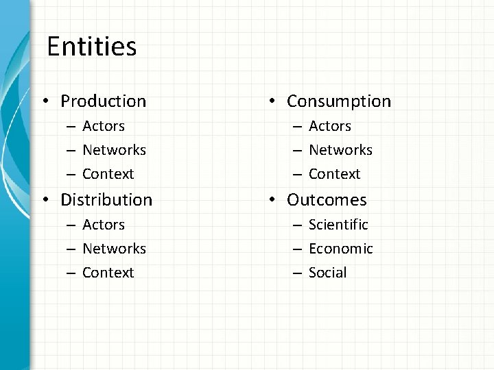 Entities • Production – Actors – Networks – Context • Distribution – Actors –