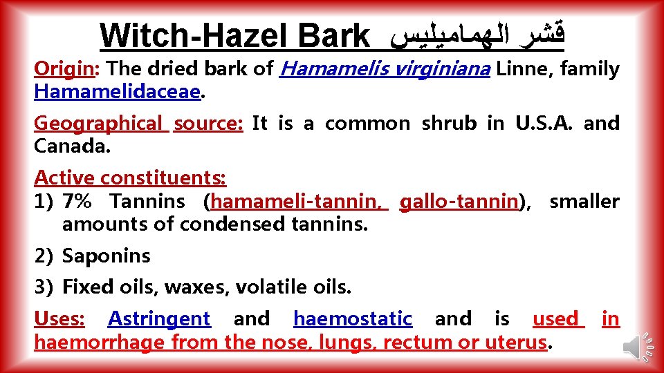 Witch-Hazel Bark ﻗﺸﺮ ﺍﻟﻬﻤﺎﻣﻴﻠﻴﺲ Origin: The dried bark of Hamamelis virginiana Linne, family Hamamelidaceae.