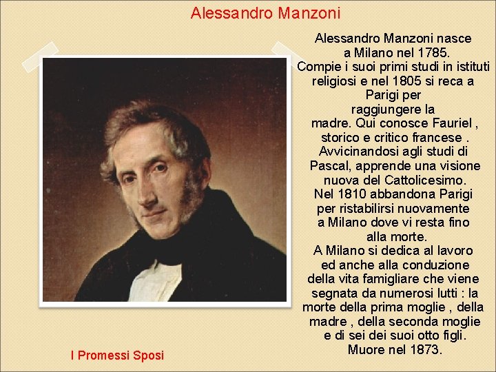 Alessandro Manzoni I Promessi Sposi Alessandro Manzoni nasce a Milano nel 1785. Compie i