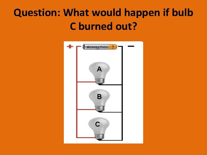 Question: What would happen if bulb C burned out? A B C 