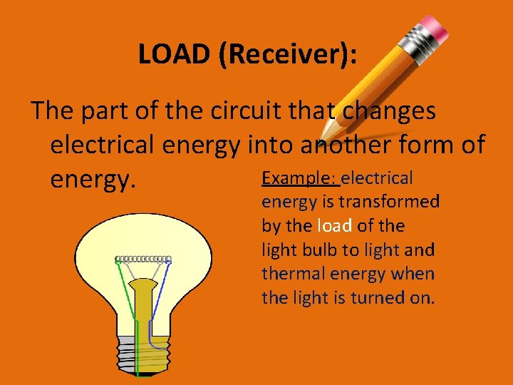 LOAD (Receiver): The part of the circuit that changes electrical energy into another form