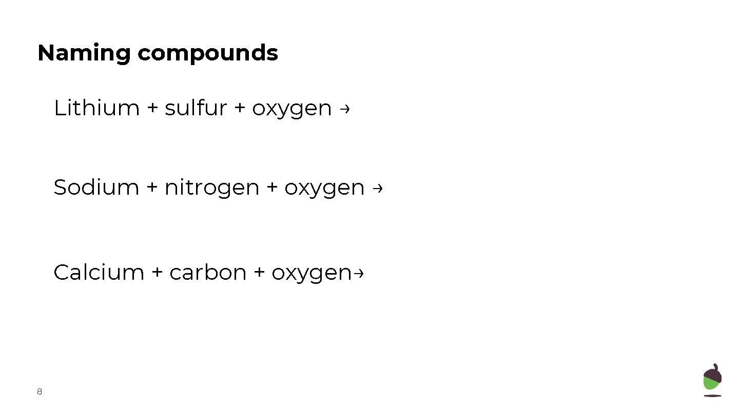 Naming compounds Lithium + sulfur + oxygen → Sodium + nitrogen + oxygen →