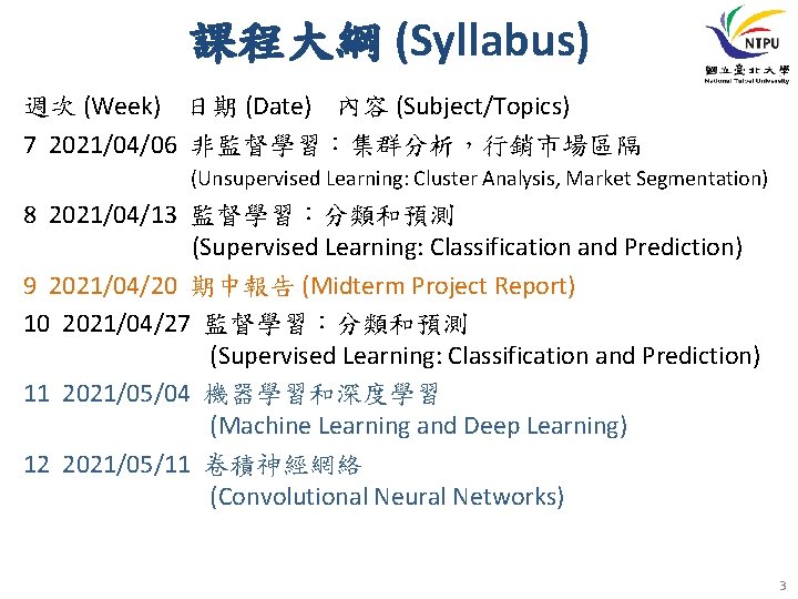 課程大綱 (Syllabus) 週次 (Week) 日期 (Date) 內容 (Subject/Topics) 7 2021/04/06 非監督學習:集群分析,行銷市場區隔 (Unsupervised Learning: Cluster 課程大綱 (Syllabus) 週次 (Week) 日期 (Date) 內容 (Subject/Topics) 7 2021/04/06 非監督學習:集群分析,行銷市場區隔 (Unsupervised Learning: Cluster