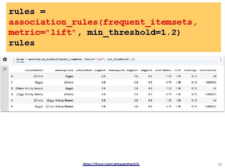 rules = association_rules(frequent_itemsets, metric="lift", min_threshold=1. 2) rules https: //tinyurl. com/aintpupython 101 59 rules = association_rules(frequent_itemsets, metric="lift", min_threshold=1. 2) rules https: //tinyurl. com/aintpupython 101 59