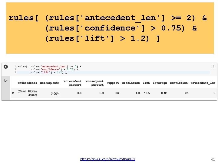 rules[ (rules['antecedent_len'] >= 2) & (rules['confidence'] > 0. 75) & (rules['lift'] > 1. 2)
