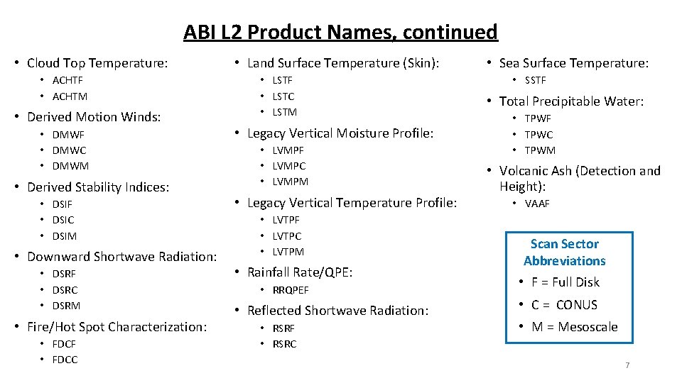 ABI L 2 Product Names, continued • Cloud Top Temperature: • ACHTF • ACHTM