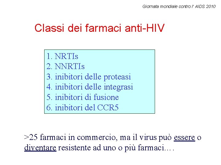 Giornata mondiale contro l’ AIDS 2010 Classi dei farmaci anti-HIV 1. NRTIs 2. NNRTIs