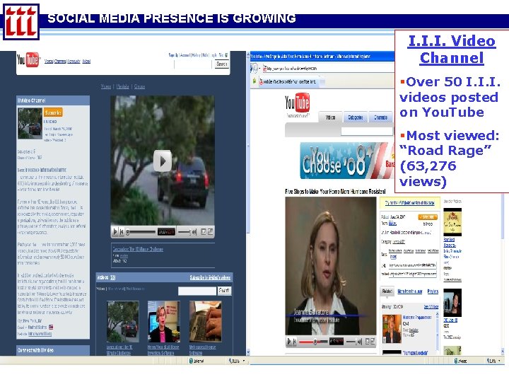 SOCIAL MEDIA PRESENCE IS GROWING I. I. I. Video Channel §Over 50 I. I.