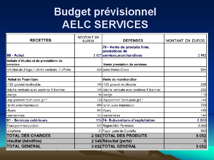 Budget prévisionnel AELC SERVICES 