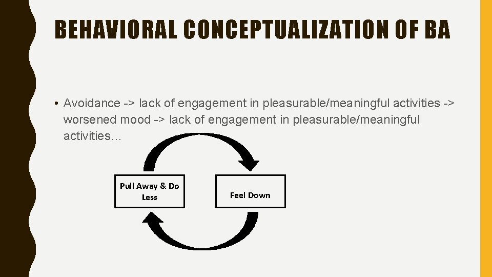 BEHAVIORAL CONCEPTUALIZATION OF BA • Avoidance -> lack of engagement in pleasurable/meaningful activities ->