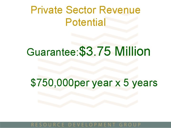 Private Sector Revenue Potential Guarantee: $3. 75 Million $750, 000 per year x 5
