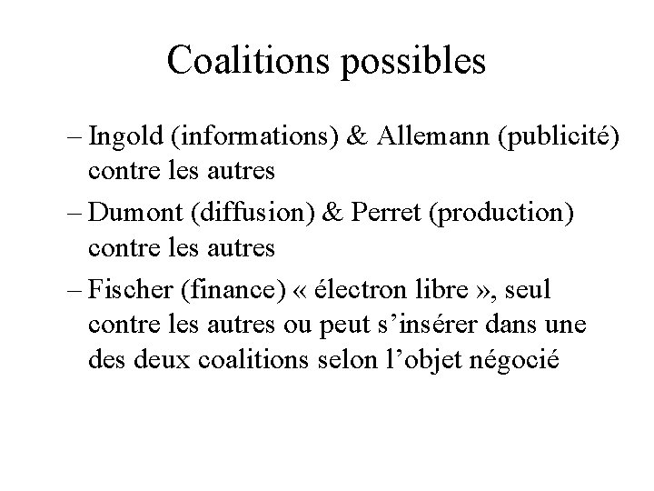 Coalitions possibles – Ingold (informations) & Allemann (publicité) contre les autres – Dumont (diffusion)
