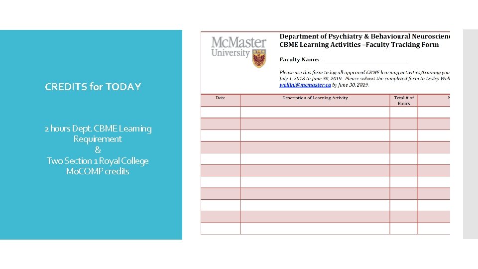 CREDITS for TODAY 2 hours Dept. CBME Learning Requirement & Two Section 1 Royal