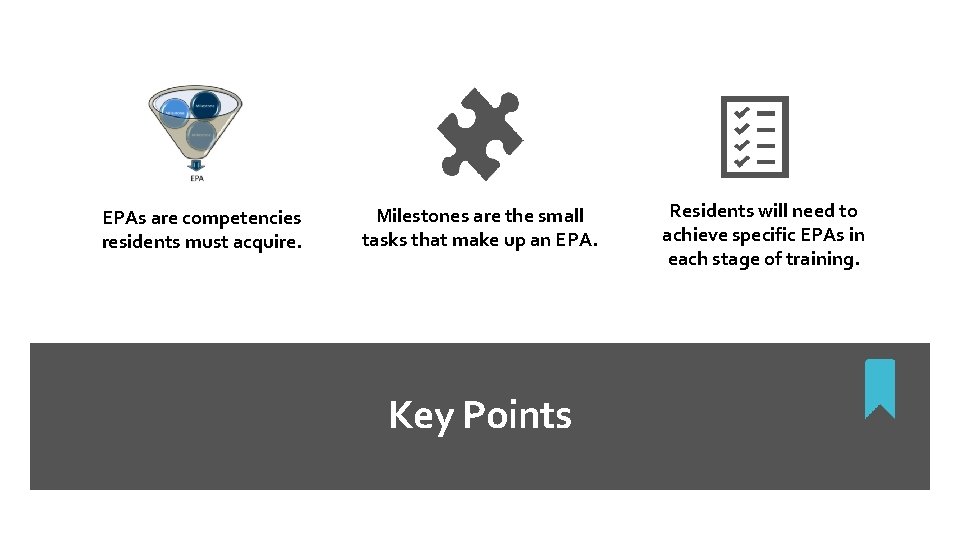 EPAs are competencies residents must acquire. Milestones are the small tasks that make up