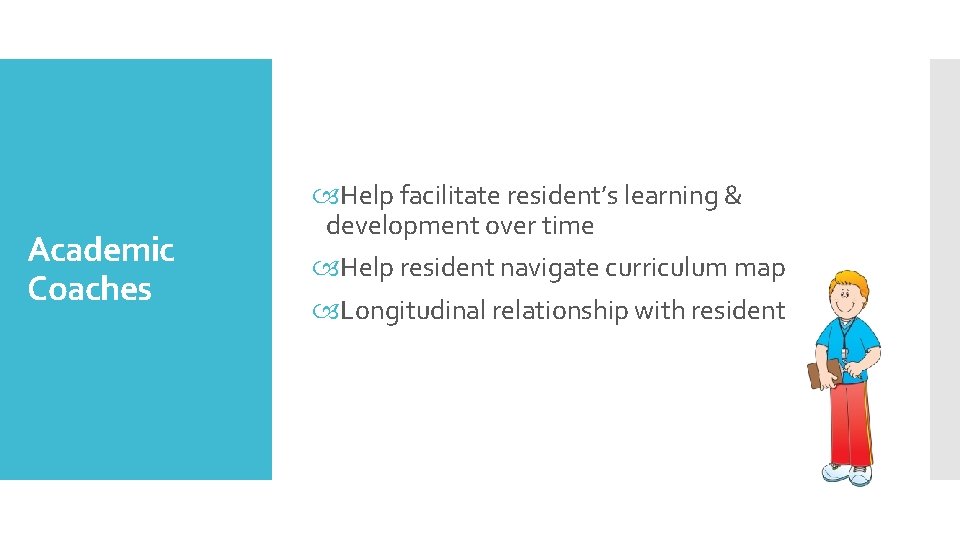 Academic Coaches Help facilitate resident’s learning & development over time Help resident navigate curriculum