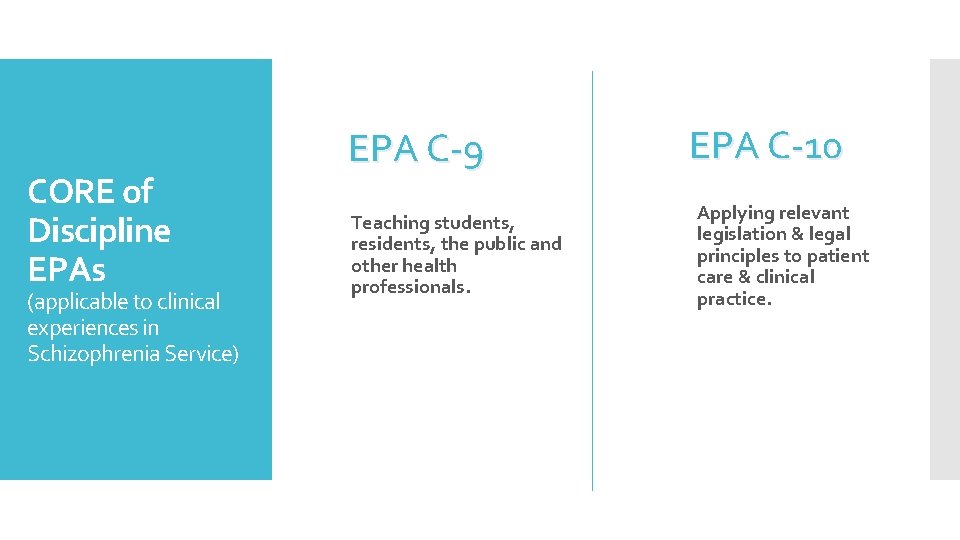 CORE of Discipline EPAs (applicable to clinical experiences in Schizophrenia Service) EPA C-9 Teaching