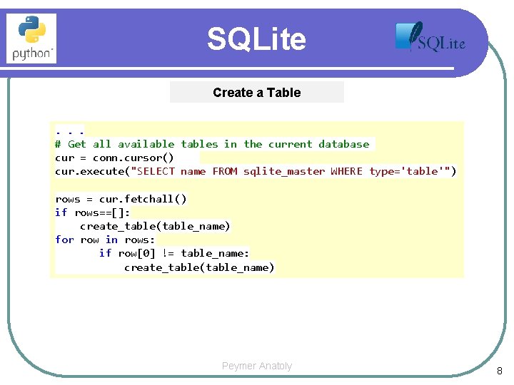 SQLite Create a Table. . . # Get all available tables in the current