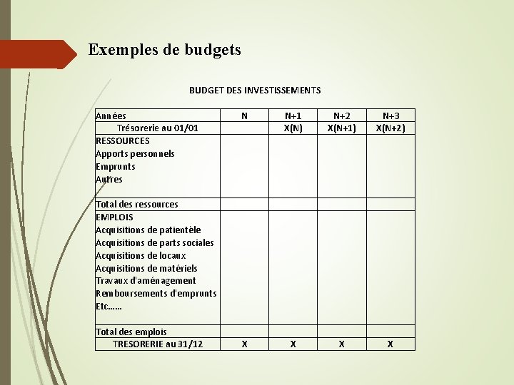 Exemples de budgets BUDGET DES INVESTISSEMENTS Années Trésorerie au 01/01 RESSOURCES Apports personnels Emprunts