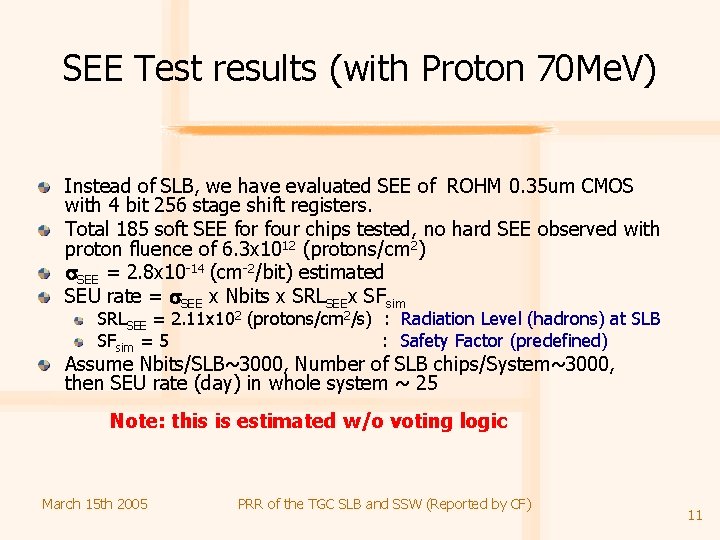 SEE Test results (with Proton 70 Me. V) Instead of SLB, we have evaluated