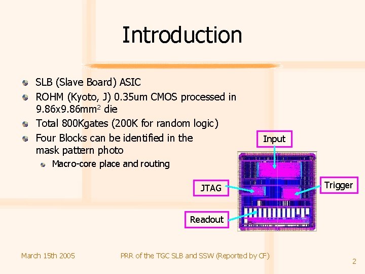 Introduction SLB (Slave Board) ASIC ROHM (Kyoto, J) 0. 35 um CMOS processed in