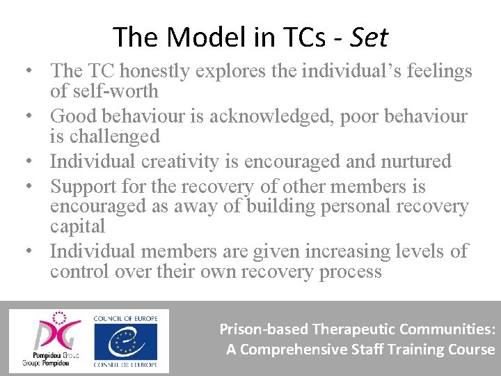 The Model in TCs - Set • The TC honestly explores the individual’s feelings