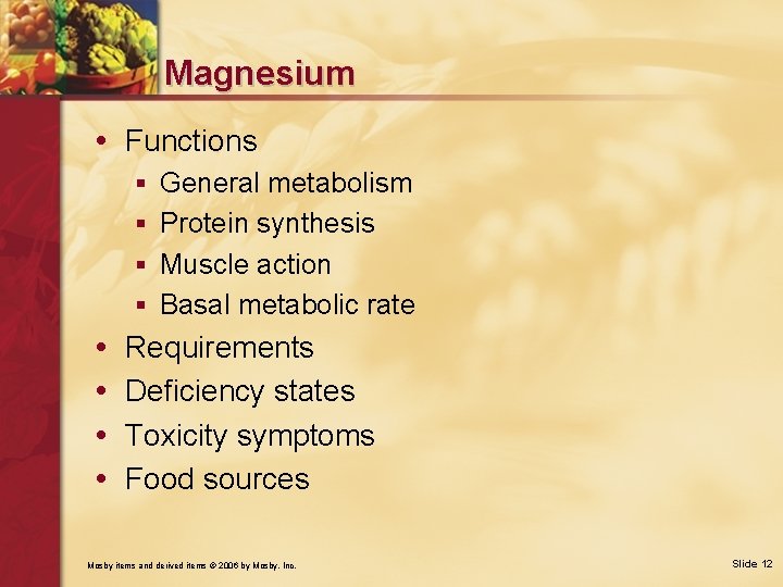 Magnesium • Functions § General metabolism § Protein synthesis § Muscle action § Basal