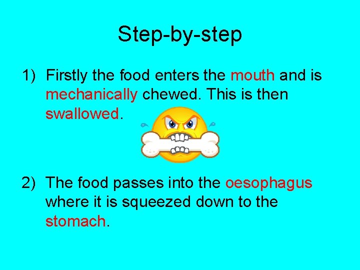 Step-by-step 1) Firstly the food enters the mouth and is mechanically chewed. This is