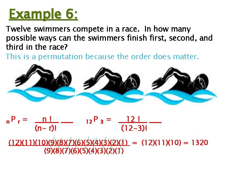 Example 6: Twelve swimmers compete in a race. In how many possible ways can