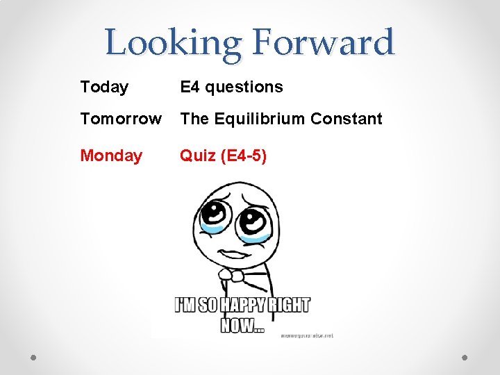 Looking Forward Today E 4 questions Tomorrow The Equilibrium Constant Monday Quiz (E 4