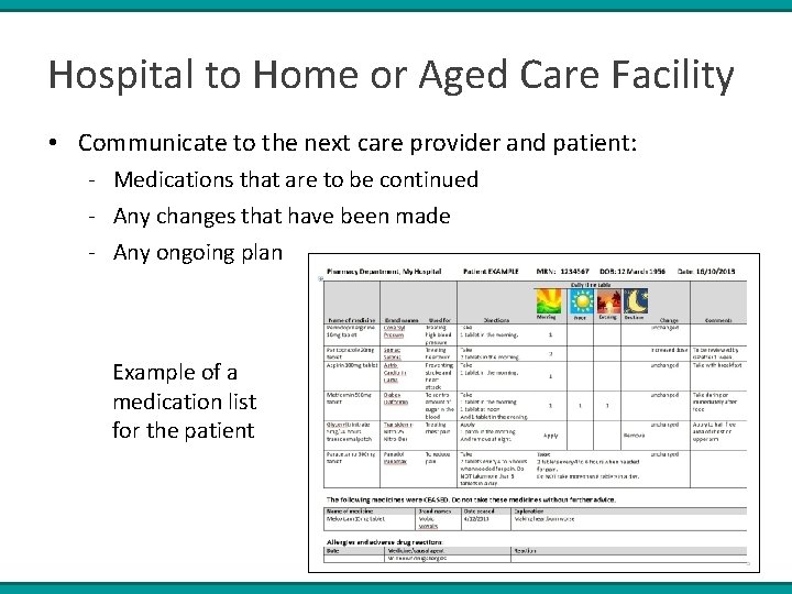 Hospital to Home or Aged Care Facility • Communicate to the next care provider