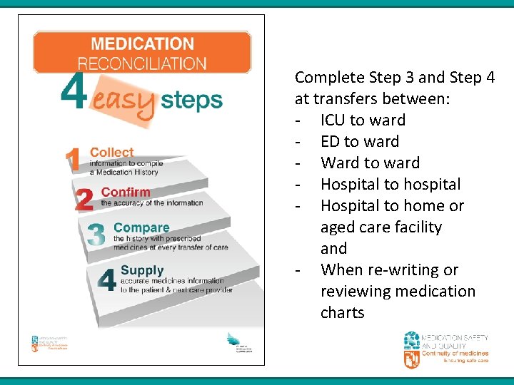 Complete Step 3 and Step 4 at transfers between: - ICU to ward -